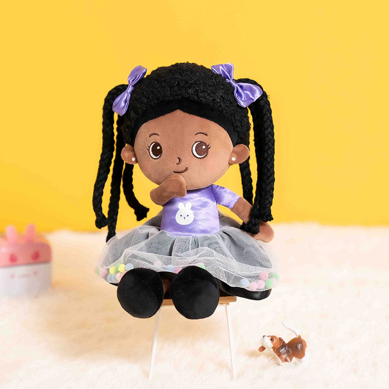 Soft Baby Doll Plush Toy, African American Doll Ballerina Doll Dressed in Purple for Girls